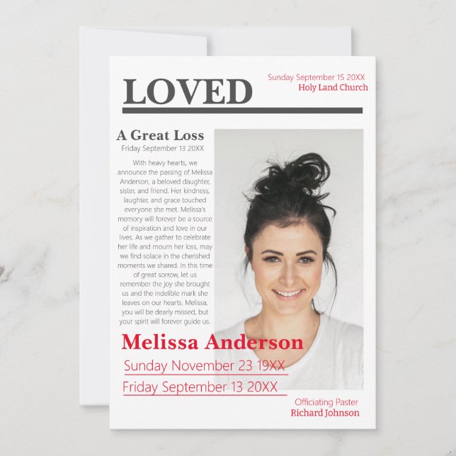 Invitación Funeral estilo Periódico Elegante (Anverso)