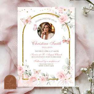 Invitación Funeral Floral Elegante Mariposa Rosa