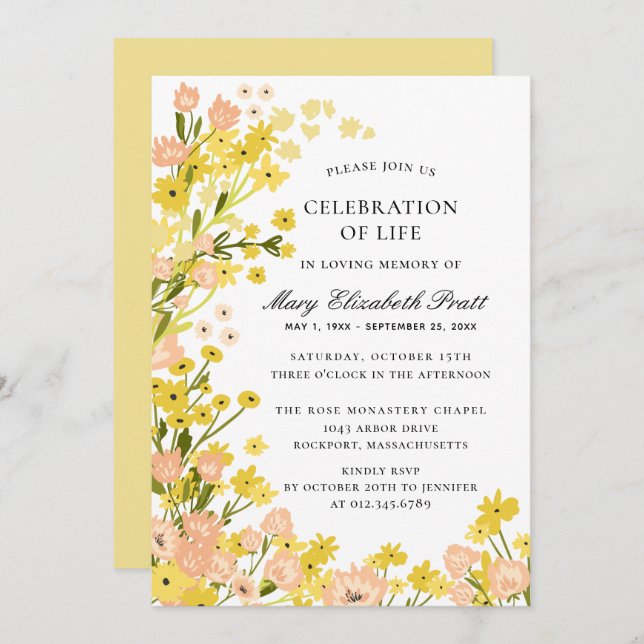 Invitación Funeral foral rosado rosado de campo moderno (Anverso / Reverso)