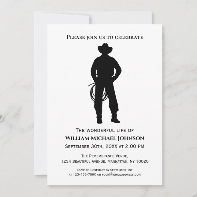 Invitación Funeral Memorial Black And White Cowboy Lasso (Anverso)