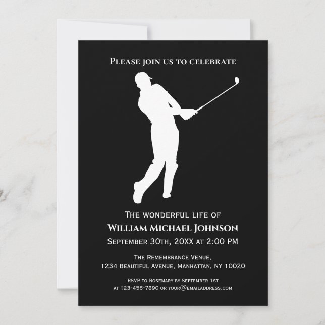 Invitación Funeral Memorial Golf Player Black And White (Anverso)