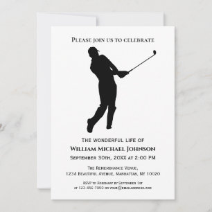 Invitación Funeral Memorial Jugador De Golf Blanco Y Negro