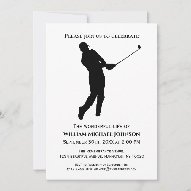 Invitación Funeral Memorial Jugador De Golf Blanco Y Negro (Anverso)
