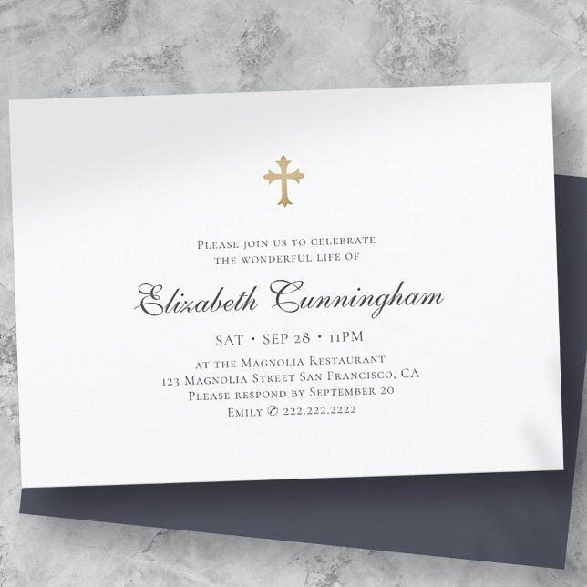 Invitación Funeral Memorial Moderno Simple Faux Gold Cross (Subido por el creador)