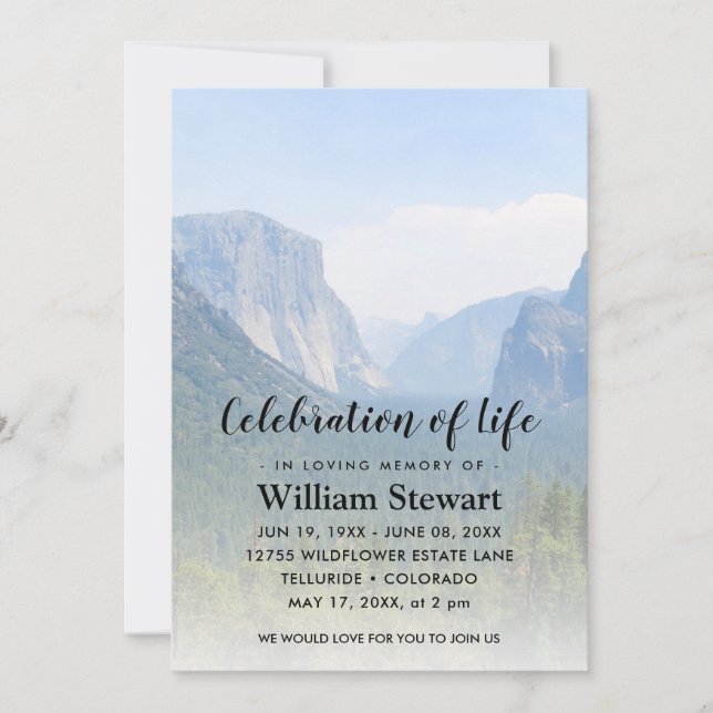 Invitación Funeral moderno | Celebración de las montañas de l (Anverso)