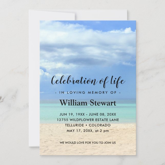 Invitación Funeral moderno | Celebración de Life Beach (Anverso)