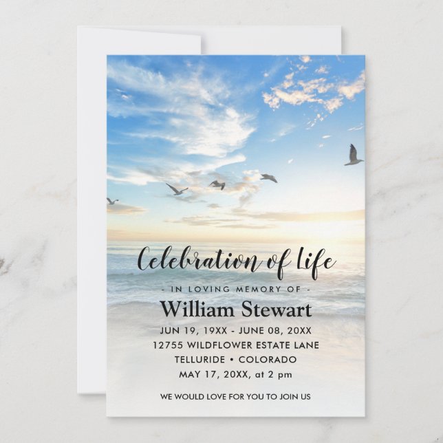 Invitación Funeral moderno | Celebración de Life Beach Sunset (Anverso)
