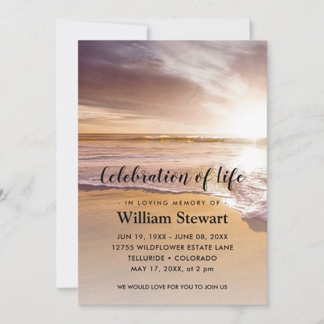 Invitación Funeral moderno | Celebración de Life Beach Sunset (Anverso)
