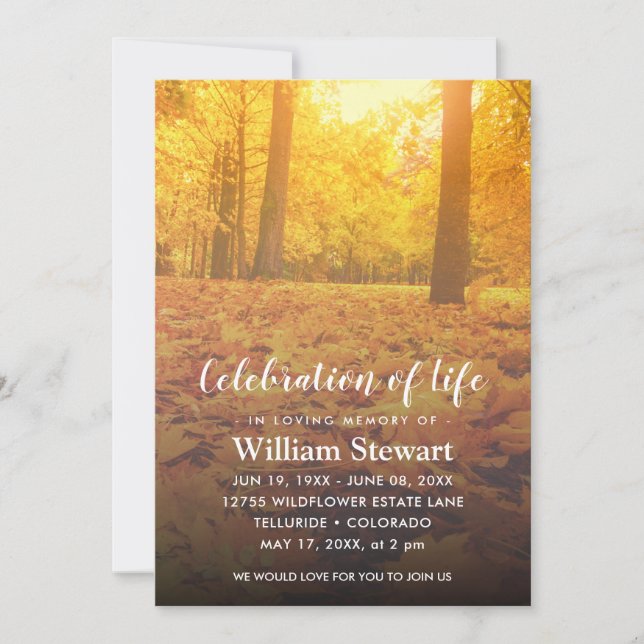 Invitación Funeral moderno | Celebración del bosque de otoño (Anverso)