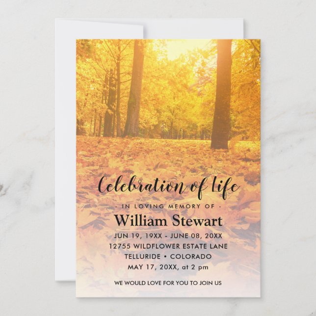 Invitación Funeral moderno | Celebración del bosque de otoño (Anverso)