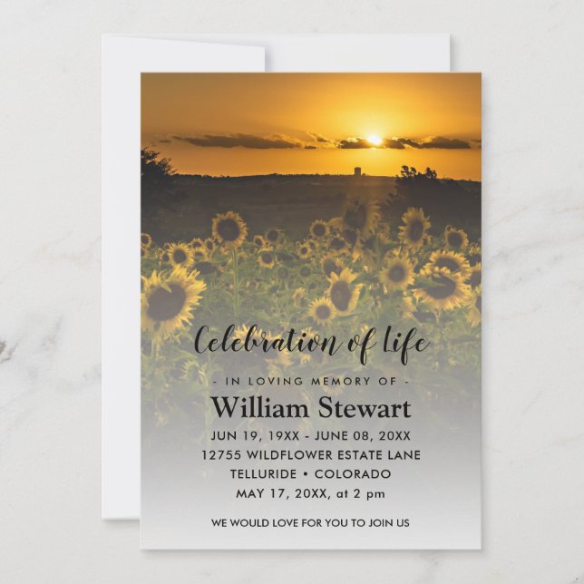 Invitación Funeral moderno | Celebración del girasol salvaje (Anverso)