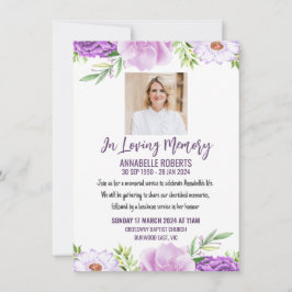 Invitación funeraria con flores moradas y rosas