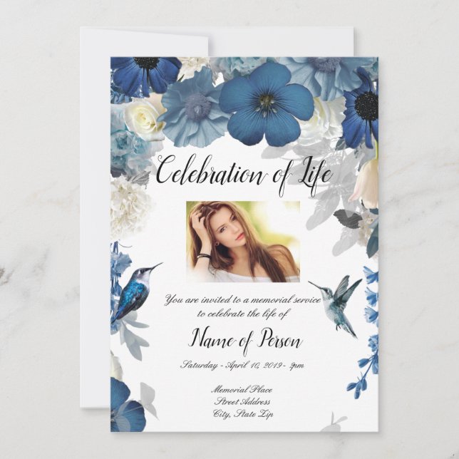 Invitación funeraria de Blue Flowers Hummingbird (Anverso)