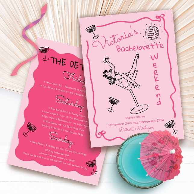 Invitación Funky Bachelorette Weekend dibujado por mano rosa (Subido por el creador)