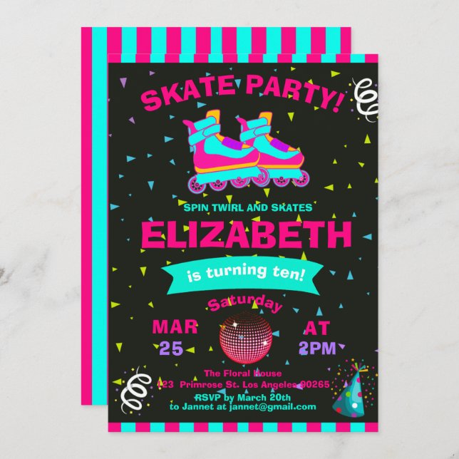 Invitación Funky Chica Roller Skate Chalkboard Birthday Party (Anverso / Reverso)