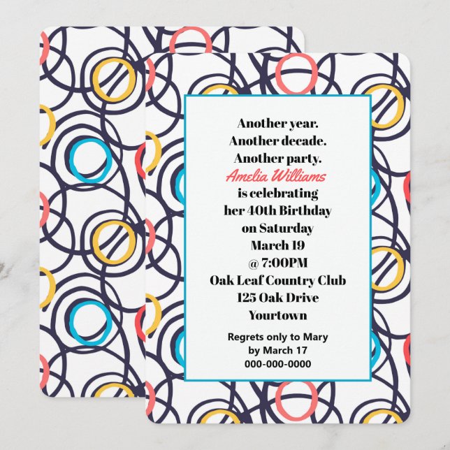 Invitación Funky Doodles 40.º Fiesta de cumpleaños (Anverso / Reverso)