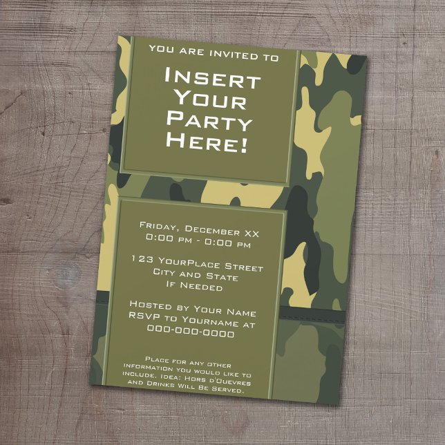 Invitación Funky Fiesta - Camuflaje Militar Verde oscuro (Camouflage Birthday Party, Military graduation or cocktail party invitation.)