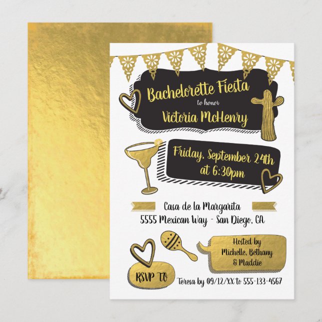 Invitación Funky Fiesta Relieve metalizado dorado Mexicana Ba (Anverso / Reverso)