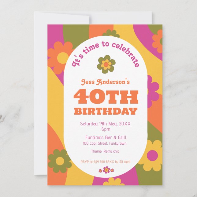 Invitación Funky floral 40.º Fiesta de cumpleaños (Anverso)