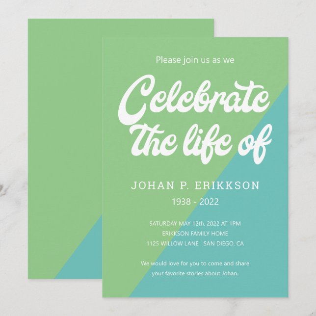 Invitación Funky Green Blue Retro Celebración de la Vida (Anverso / Reverso)
