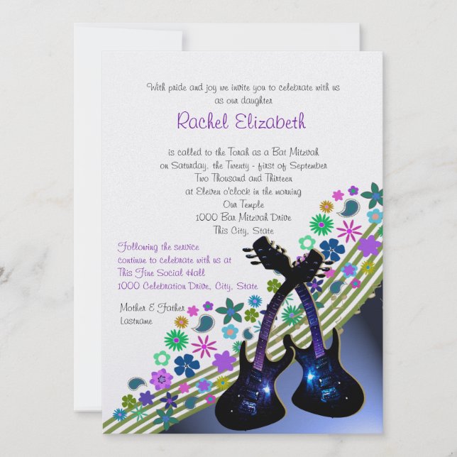 Invitación Funky Guitar Music Bat Mitzvah (Anverso)