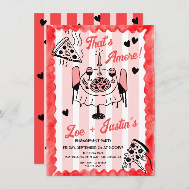 Invitación Funky Hand dibujó Pizza Engagement Party (Anverso / Reverso)
