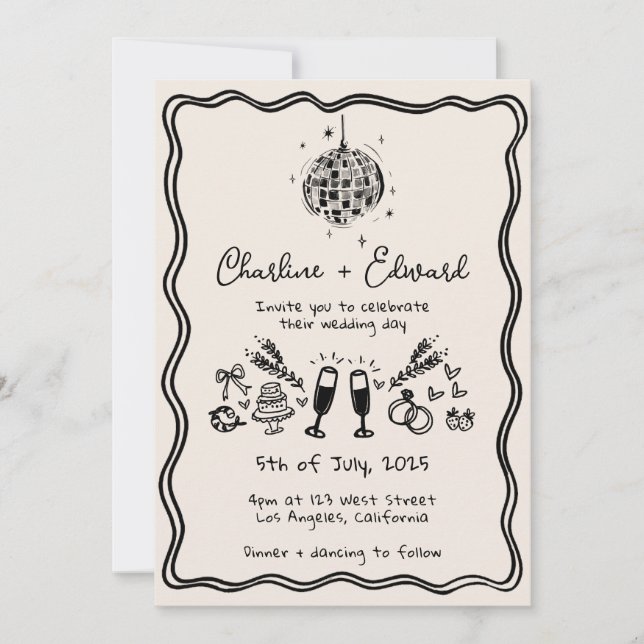 Invitación Funky Handwriter Wavy Border Disco Boda (Anverso)