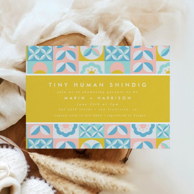 Invitación Funky Modern Yellow Tiny Human Shindig Baby Shower (Subido por el creador)