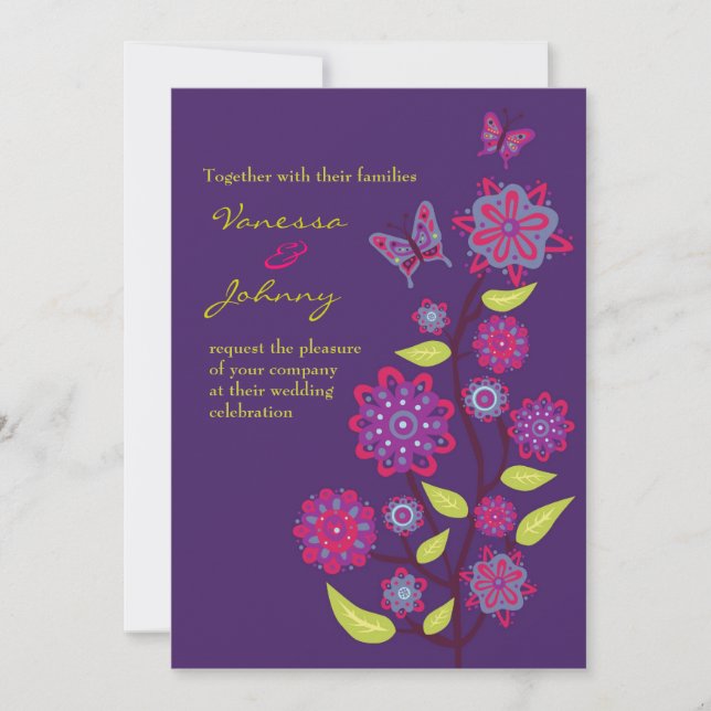 Invitación Funky Purple Flowers Boda (Anverso)