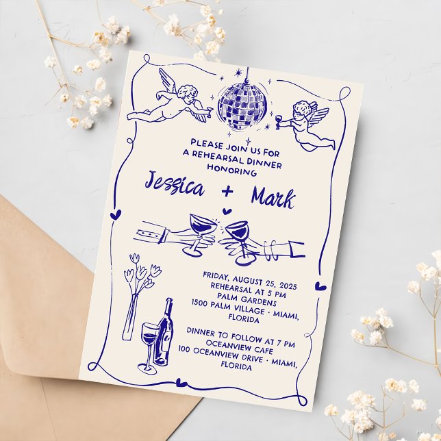 Invitación Funky Retro Hand dibujó el ensayo Boda Cena (Subido por el creador)
