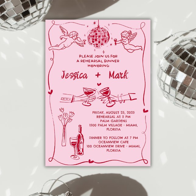 Invitación Funky Retro Hand dibujó el ensayo Boda Cena (Subido por el creador)