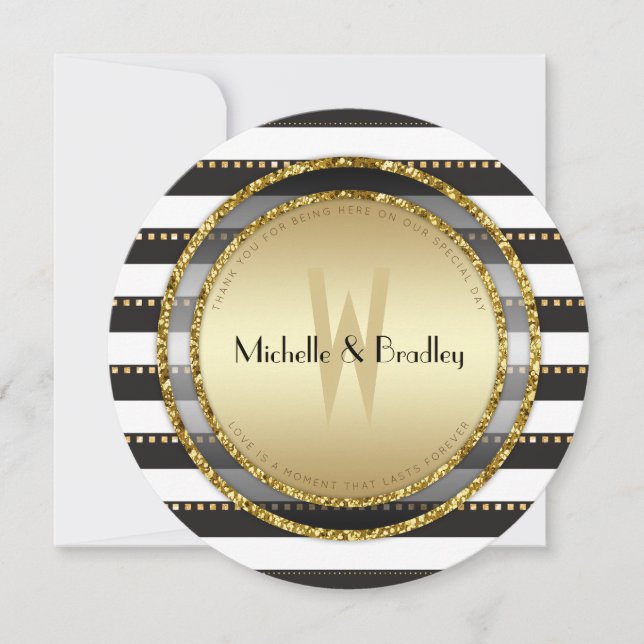Invitación Funky Stripes Black White & Gold Round Boda (Anverso)