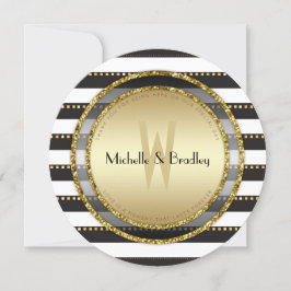 Invitación Funky Stripes Black White & Gold Round Boda