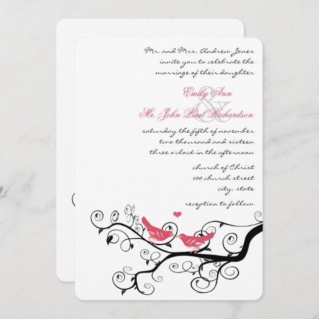 Invitación Funky Swirly Pink Love Bird Tree Wedding (Anverso / Reverso)