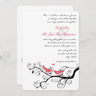 Invitación Funky Swirly Pink Love Bird Tree Wedding