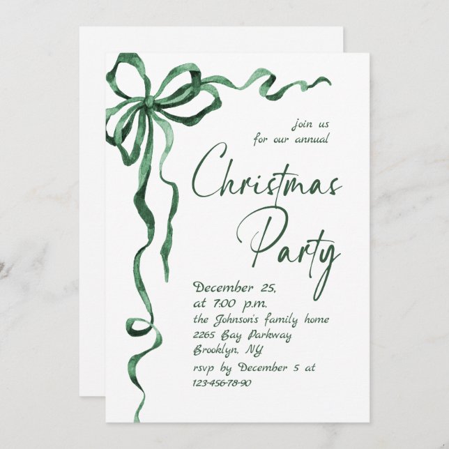 Invitación Funky Whimsical Christmas Green Bow Holiday Party (Anverso / Reverso)
