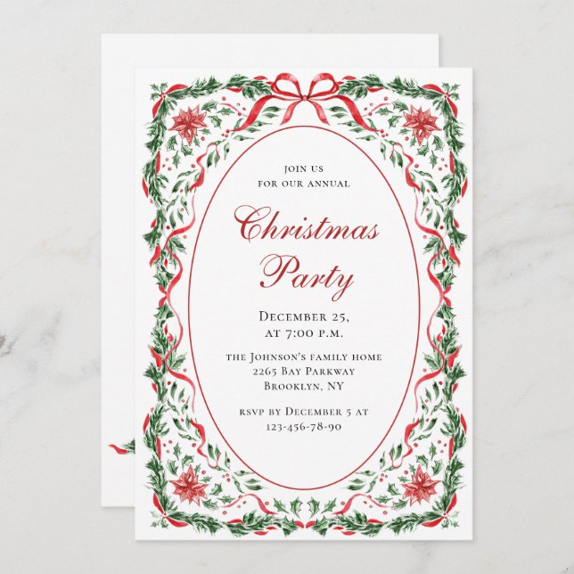 Invitación Funky Whimsical Christmas Red Bow Holiday Party (Anverso / Reverso)