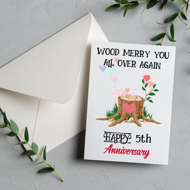 Invitación Funny 5th Wood Anniversary Card with Custom Photo (Funny Wood 5th Anniversary Card | 5 Year Love & Laughter Gift)