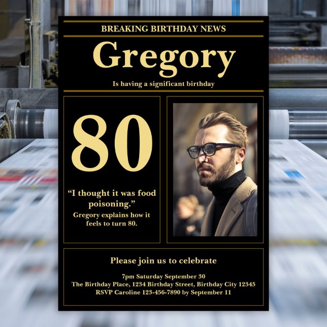 Invitación Funny 80th Birthday Retro Black Gold (Subido por el creador)