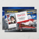 Invitación Funny Aviator Plane Birthday Card<br><div class="desc">Esta tarjeta de cumpleaños única incluye un biplano rojo realista,  una bandera,  una brújula y nubes sobre un fondo azul del cielo. Personalice con su información en una tarjeta de identificación con su hijo como un verdadero Aviador.</div>