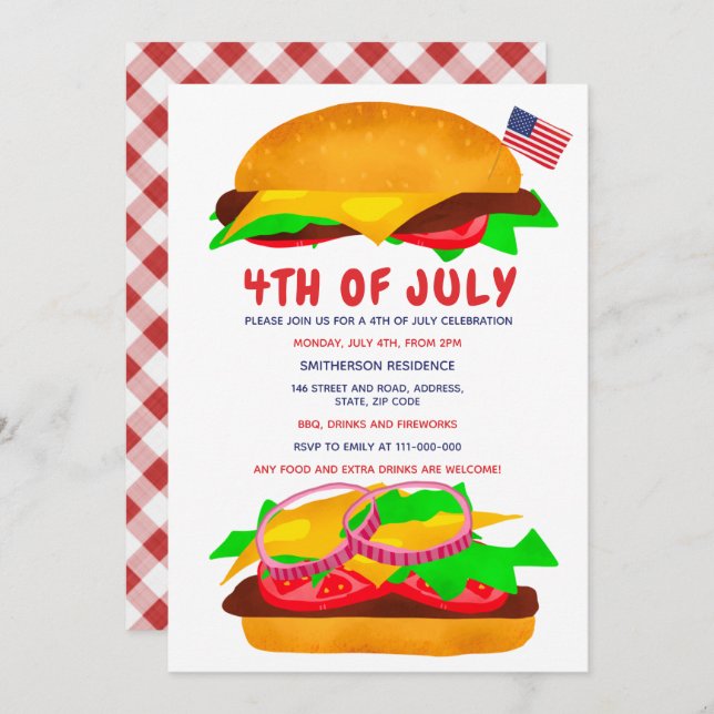Invitación Funny bbq burger bandera estadounidense plaid el 4 (Anverso / Reverso)