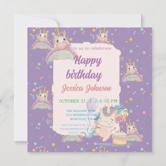 Invitación Funny Birthday Unicorn (Anverso)