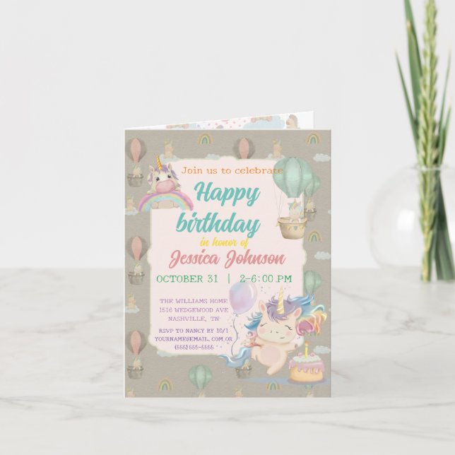 Invitación Funny Birthday Unicorn (Anverso)