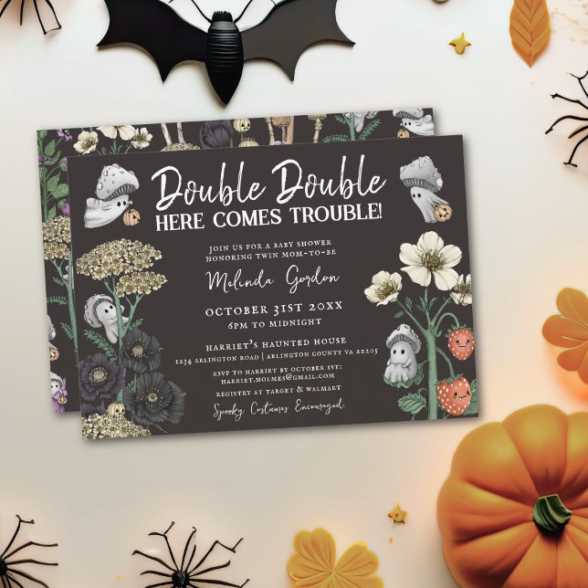 Invitación Funny Black Halloween Ghosts Twins Baby Shower (Double Double Here comes trouble twin baby shower invitations for Halloween theme baby shower)