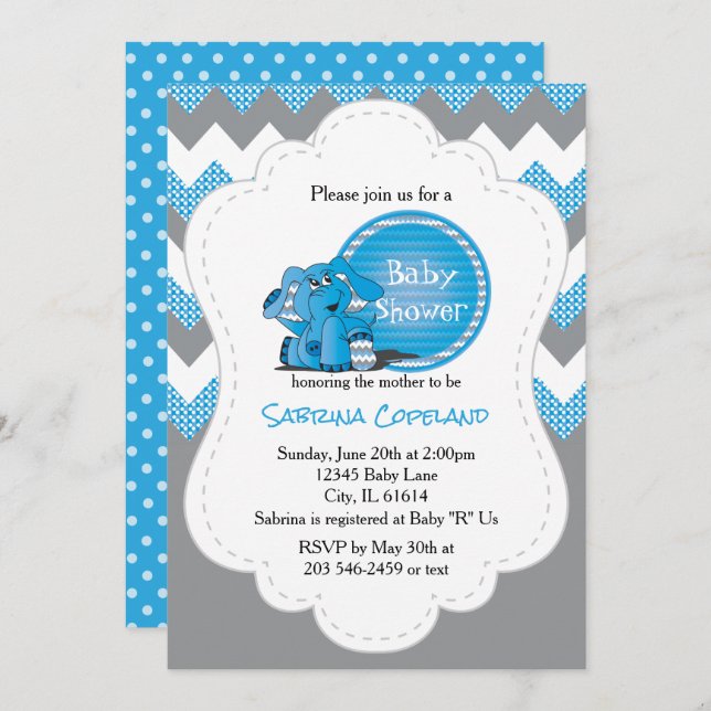 Invitación Funny Blue Chevron Silly Elephant | Baby Shower (Anverso / Reverso)