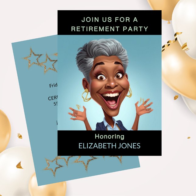 Invitación Funny Caricature Retirement Party  (Funny Retirement Party Caricature Lady Invitation)
