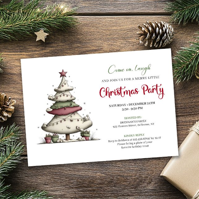 Invitación Funny cartoon Christmas tree playful party invite (Funny cartoon Christmas tree playful party invite)