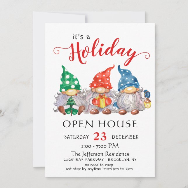 Invitación Funny Casa Abierta de Navidades de Santa Gnomes (Anverso)