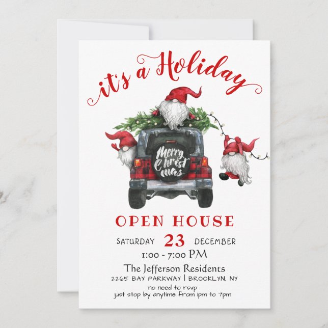 Invitación Funny Casa Abierta de Navidades de Santa Gnomes (Anverso)