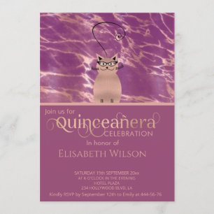 Invitación Funny cat Cassis rosa de mármol dorado Quinceañera